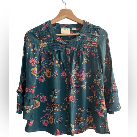 MAEVE  Teal Floral Print Button-down Top with Ruffle Flared Sleeves XS - Picture 2 of 9